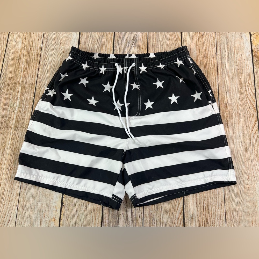 Mens North 15 American Flag Black & White Swim Trunk Shorts Lined Size Large